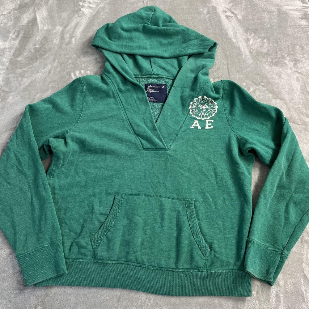 American Eagle Hoodie Sweatshirt XL Green V Neck Logo Kangaroo Pocket Y2K